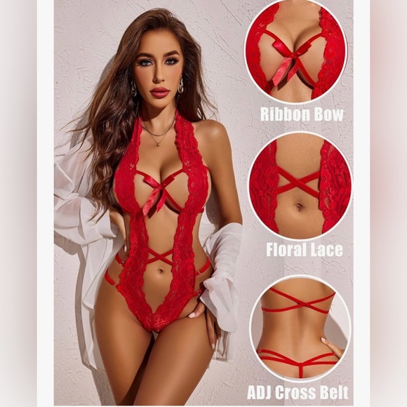 Red Lace Halter Teddy Bodysuit Deep V Strappy Lingerie Babydoll - Picture 3 of 7